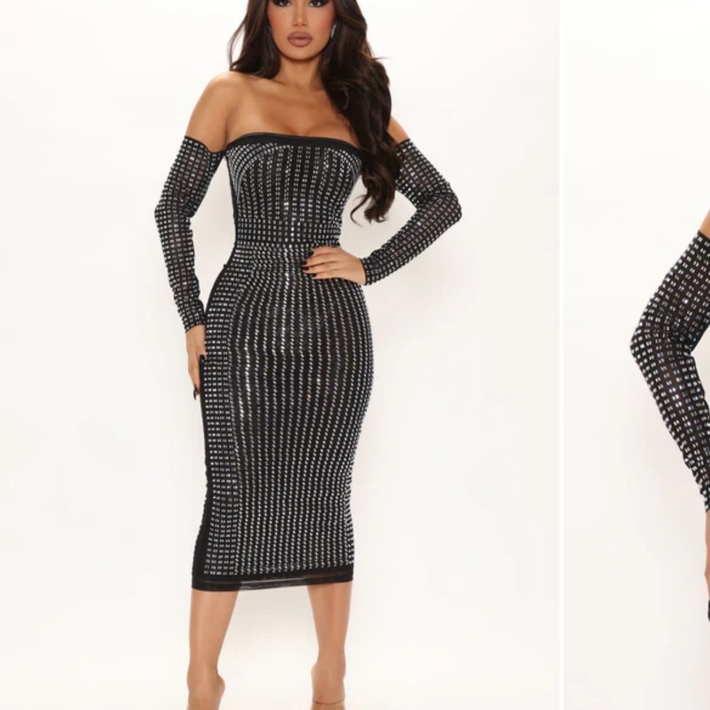 Fashion Nova Black Strapless Studded Dress